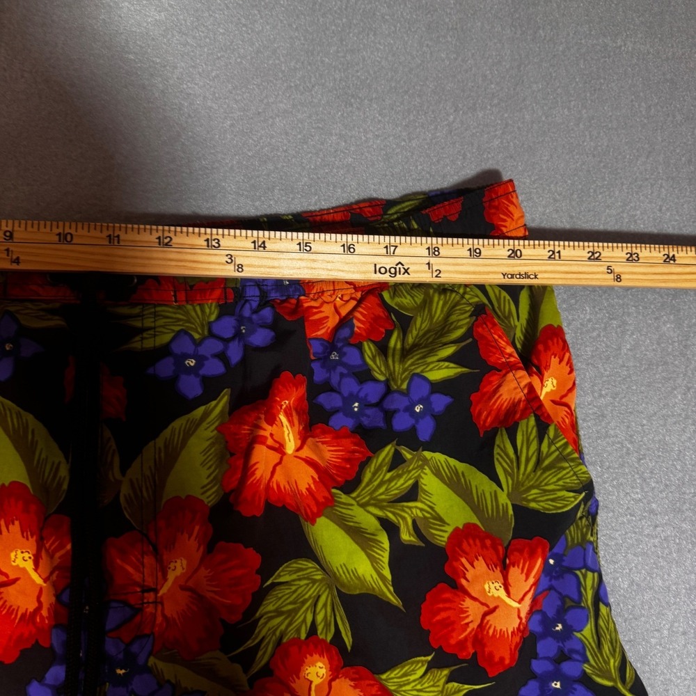 Mens‎ XL Tropical Hibiscus Floral Swim Trunks Black Orange Blue Board Shorts - Picture 3 of 7
